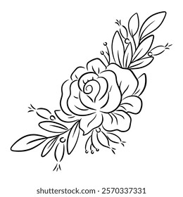 Intricate black line sketch art rose with leaves, capturing elegance and beauty in design. vector illustration