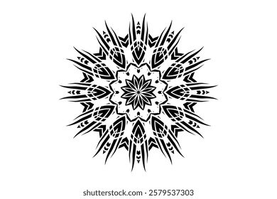 Intricate Black Mandala Design with Radiating Shapes on Light Background	
