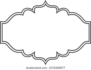 Intricate black outline of a decorative frame featuring symmetrical curves and points, ideal for labels or invitations. The center space is left blank for customizable text or design