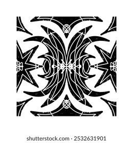 Padrão preto intrincado com padrão ornamental simétrico em estilo linocut. Forma de azulejo de textura Grunge. elemento de vetor