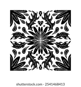 Intricate black pattern with symmetrical ornamental pattern in linocut style. Grunge texture tile shape. vector element
