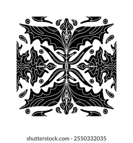 Intricate black pattern with symmetrical ornamental pattern in linocut style. Grunge texture tile shape. vector element