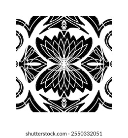 Intricate black pattern with symmetrical ornamental pattern in linocut style. Grunge texture tile shape. vector element