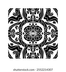 Intricate black pattern with symmetrical ornamental pattern in linocut style. Grunge texture tile shape. vector element