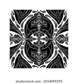 Intricate black pattern with symmetrical ornamental pattern in linocut style. Grunge texture tile shape. vector element