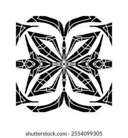 Intricate black pattern with symmetrical ornamental pattern in linocut style. Grunge texture tile shape. vector element