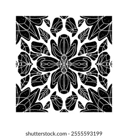 Intricate black pattern with symmetrical ornamental pattern in linocut style. Grunge texture tile shape. vector element