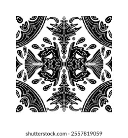 Intricate black pattern with symmetrical ornamental pattern in linocut style. Grunge texture tile shape. vector element