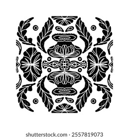 Intricate black pattern with symmetrical ornamental pattern in linocut style. Grunge texture tile shape. vector element
