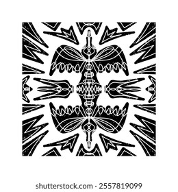 Intricate black pattern with symmetrical ornamental pattern in linocut style. Grunge texture tile shape. vector element