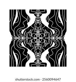 Intricate black pattern with symmetrical ornamental pattern in linocut style. Grunge texture tile shape. vector element