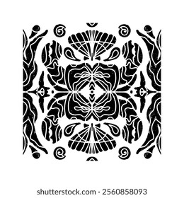 Intricate black pattern with symmetrical ornamental pattern in linocut style. Grunge texture tile shape. vector element