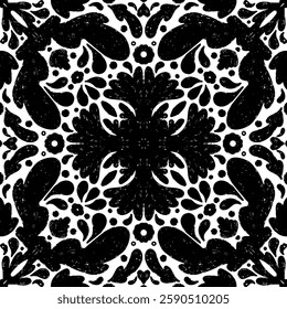 Intricate black pattern with symmetrical ornamental pattern in linocut style. Grunge texture tile shape. vector element