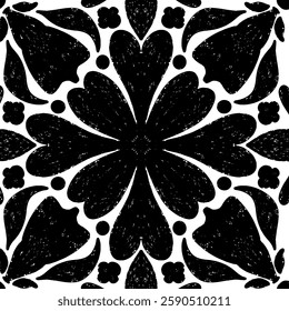 Intricate black pattern with symmetrical ornamental pattern in linocut style. Grunge texture tile shape. vector element