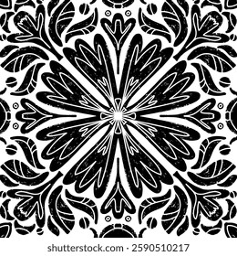 Intricate black pattern with symmetrical ornamental pattern in linocut style. Grunge texture tile shape. vector element
