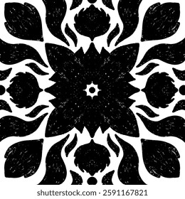 Intricate black pattern with symmetrical ornamental pattern in linocut style. Grunge texture tile shape. vector element