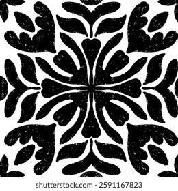 Intricate black pattern with symmetrical ornamental pattern in linocut style. Grunge texture tile shape. vector element