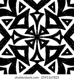 Intricate black pattern with symmetrical ornamental pattern in linocut style. Grunge texture tile shape. vector element