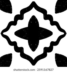 Intricate black pattern with symmetrical ornamental pattern in linocut style. Grunge texture tile shape. vector element