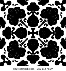 Intricate black pattern with symmetrical ornamental pattern in linocut style. Grunge texture tile shape. vector element