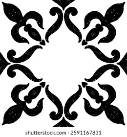 Intricate black pattern with symmetrical ornamental pattern in linocut style. Grunge texture tile shape. vector element