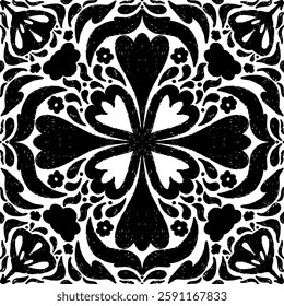 Intricate black pattern with symmetrical ornamental pattern in linocut style. Grunge texture tile shape. vector element