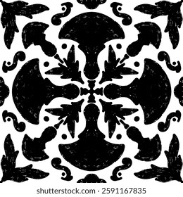 Intricate black pattern with symmetrical ornamental pattern in linocut style. Grunge texture tile shape. vector element