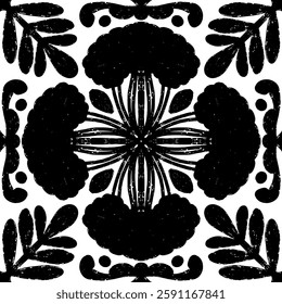 Intricate black pattern with symmetrical ornamental pattern in linocut style. Grunge texture tile shape. vector element