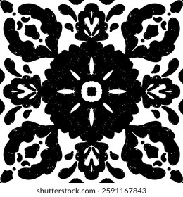 Intricate black pattern with symmetrical ornamental pattern in linocut style. Grunge texture tile shape. vector element