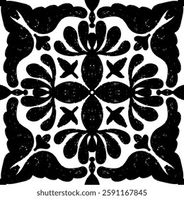 Intricate black pattern with symmetrical ornamental pattern in linocut style. Grunge texture tile shape. vector element