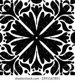 Intricate black pattern with symmetrical ornamental pattern in linocut style. Grunge texture tile shape. vector element