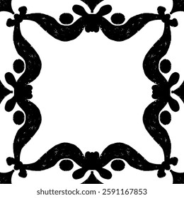Intricate black pattern with symmetrical ornamental pattern in linocut style. Grunge texture tile shape. vector element