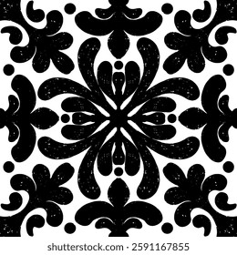 Intricate black pattern with symmetrical ornamental pattern in linocut style. Grunge texture tile shape. vector element