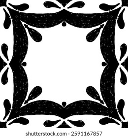 Intricate black pattern with symmetrical ornamental pattern in linocut style. Grunge texture tile shape. vector element