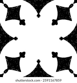 Intricate black pattern with symmetrical ornamental pattern in linocut style. Grunge texture tile shape. vector element