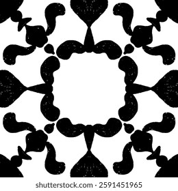Intricate black pattern with symmetrical ornamental pattern in linocut style. Grunge texture tile shape. vector element