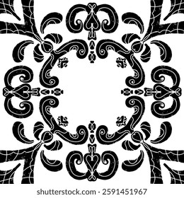 Intricate black pattern with symmetrical ornamental pattern in linocut style. Grunge texture tile shape. vector element
