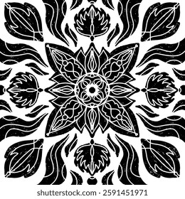 Intricate black pattern with symmetrical ornamental pattern in linocut style. Grunge texture tile shape. vector element