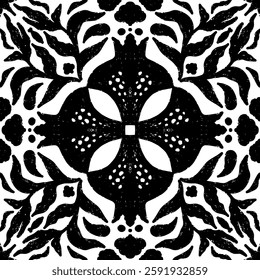 Intricate black pattern with symmetrical ornamental pattern in linocut style. Grunge texture tile shape. vector element