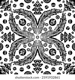 Intricate black pattern with symmetrical ornamental pattern in linocut style. Grunge texture tile shape. vector element