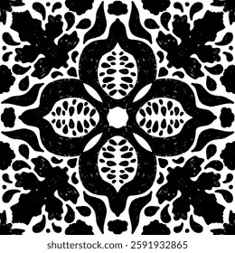 Intricate black pattern with symmetrical ornamental pattern in linocut style. Grunge texture tile shape. vector element
