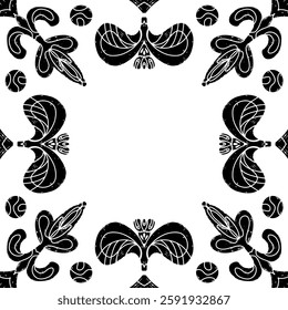 Intricate black pattern with symmetrical ornamental pattern in linocut style. Grunge texture tile shape. vector element