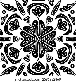 Intricate black pattern with symmetrical ornamental pattern in linocut style. Grunge texture tile shape. vector element