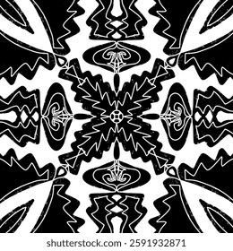 Intricate black pattern with symmetrical ornamental pattern in linocut style. Grunge texture tile shape. vector element
