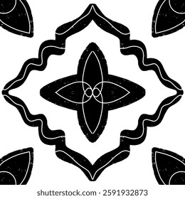 Intricate black pattern with symmetrical ornamental pattern in linocut style. Grunge texture tile shape. vector element