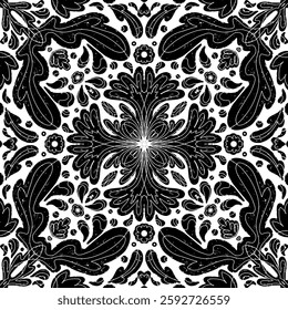 Intricate black pattern with symmetrical ornamental pattern in linocut style. Grunge texture tile shape. vector element