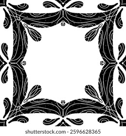 Intricate black pattern with symmetrical ornamental pattern in linocut style. Grunge texture tile shape. vector element