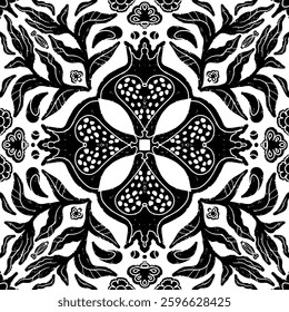 Intricate black pattern with symmetrical ornamental pattern in linocut style. Grunge texture tile shape. vector element