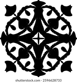 Intricate black pattern with symmetrical ornamental pattern in linocut style. Grunge texture tile shape. vector element