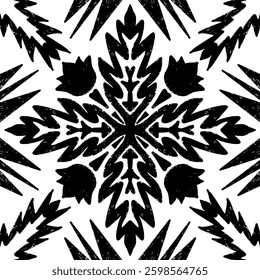 Intricate black pattern with symmetrical ornamental pattern in linocut style. Grunge texture tile shape. vector element